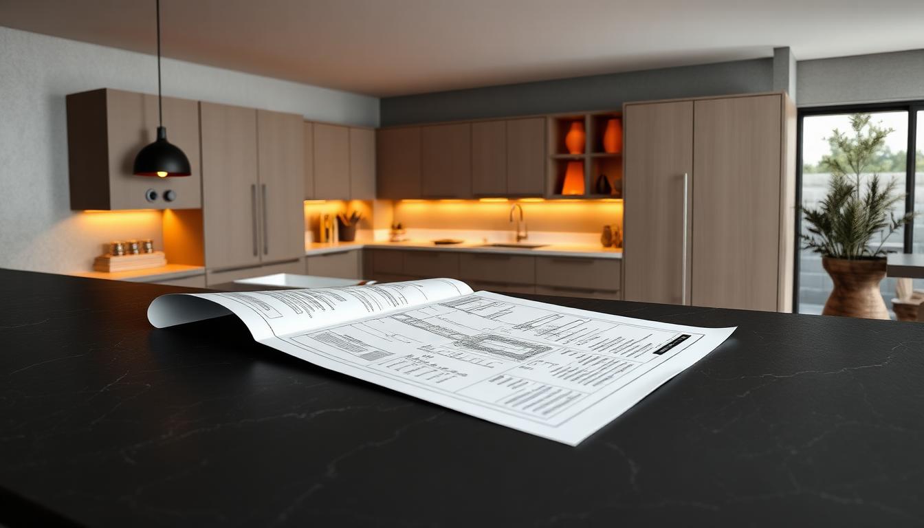 Kitchen design drawing alongside a generated specification sheet